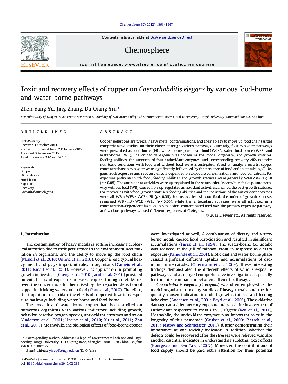 Toxic and recovery effects of copper on Caenorhabditiselegans by various food-borne and water-borne pathways