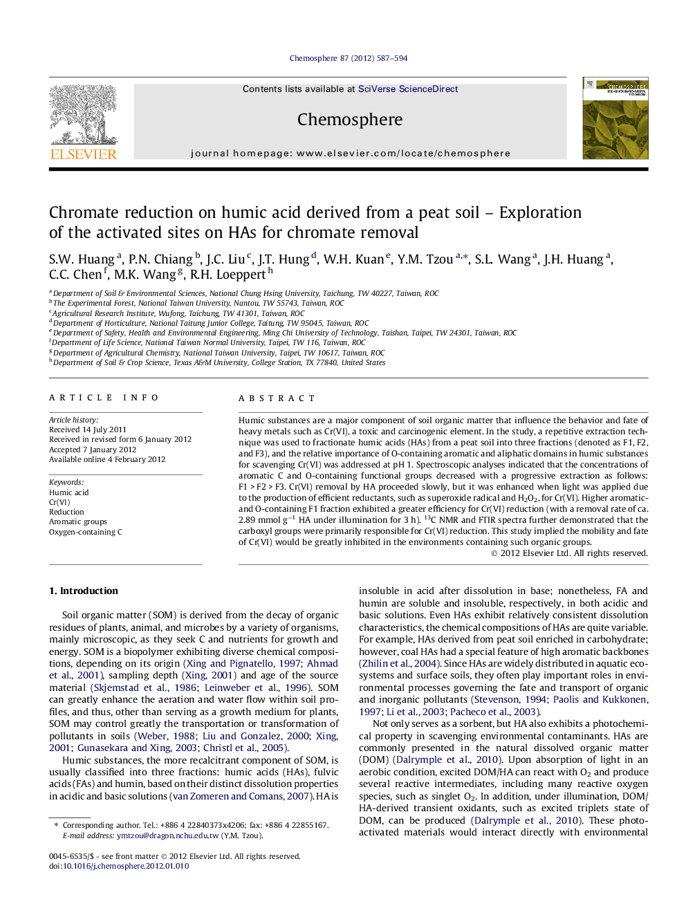 Chromate reduction on humic acid derived from a peat soil – Exploration of the activated sites on HAs for chromate removal