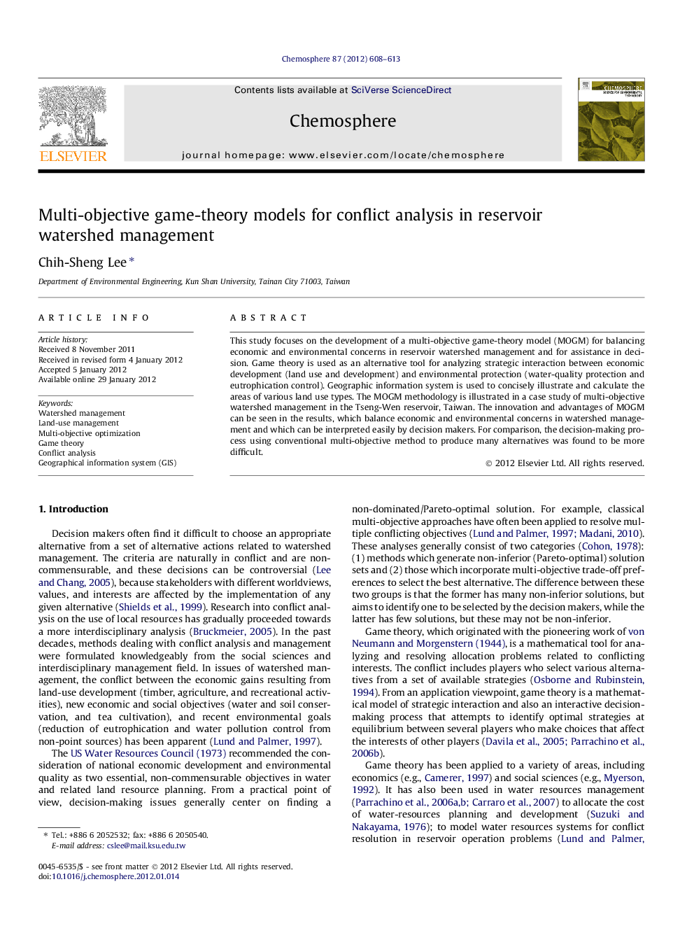 Multi-objective game-theory models for conflict analysis in reservoir watershed management