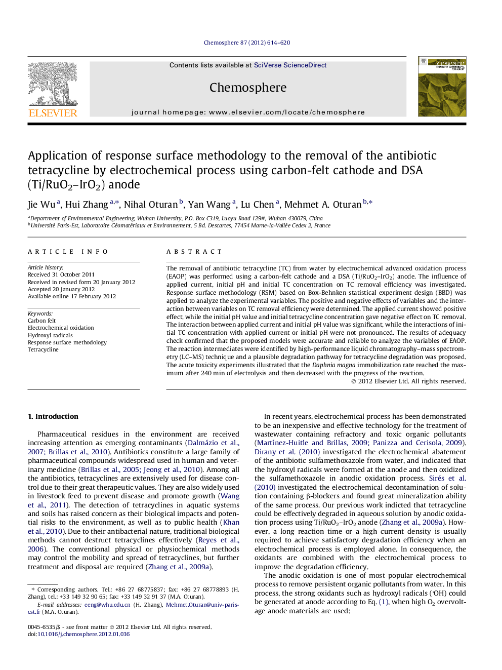 Application of response surface methodology to the removal of the antibiotic tetracycline by electrochemical process using carbon-felt cathode and DSA (Ti/RuO2–IrO2) anode