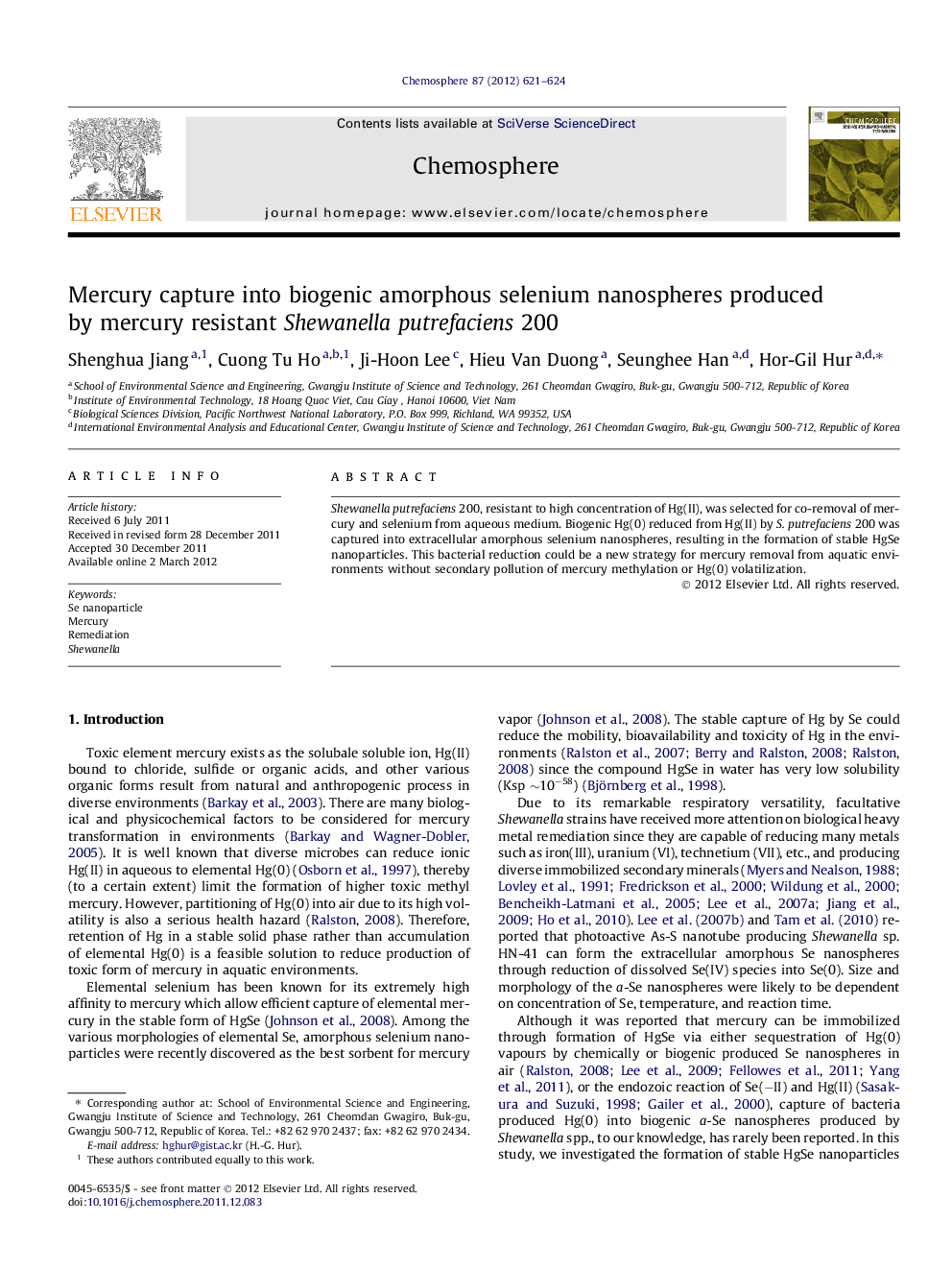 Mercury capture into biogenic amorphous selenium nanospheres produced by mercury resistant Shewanella putrefaciens 200