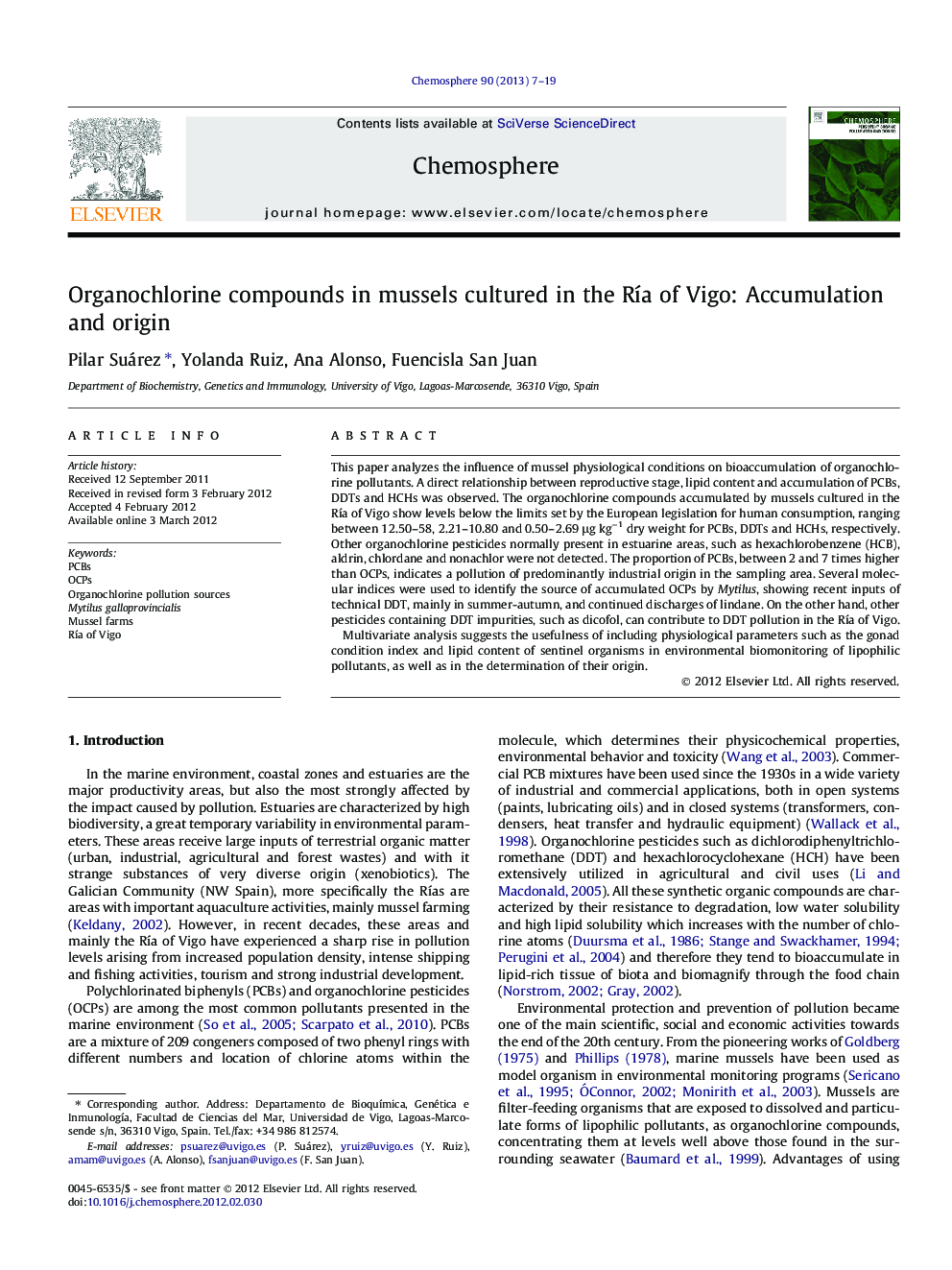 Organochlorine compounds in mussels cultured in the Ría of Vigo: Accumulation and origin