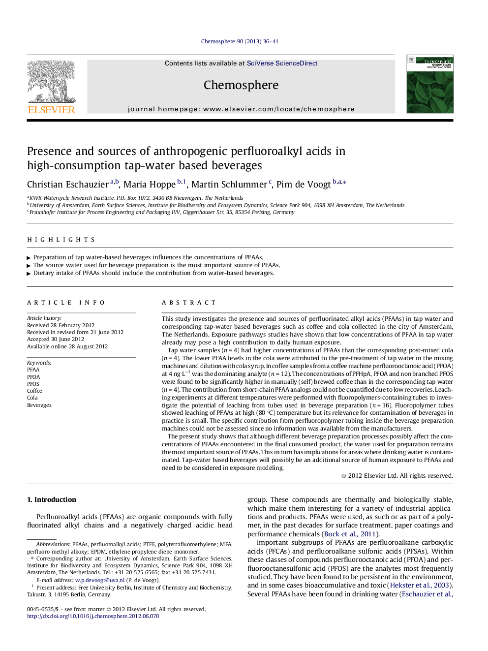 Presence and sources of anthropogenic perfluoroalkyl acids in high-consumption tap-water based beverages