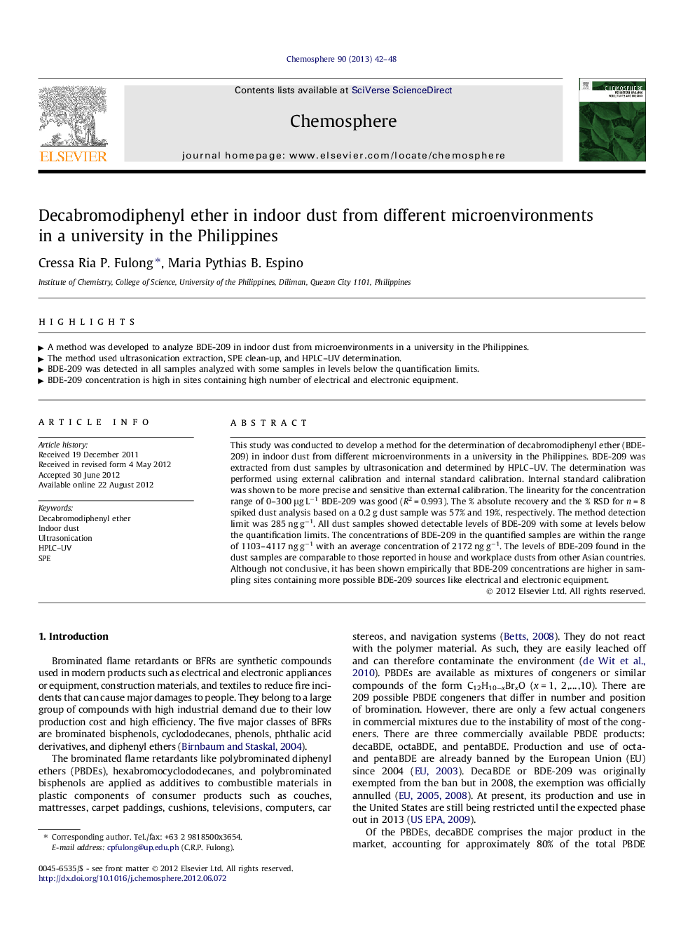 عکس صفحه اول مقاله: Decabromodiphenyl ether in indoor dust from different microenvironments in a university in the Philippines Decabromodiphenyl ether in indoor dust from different microenvironments in a university in the Philippines