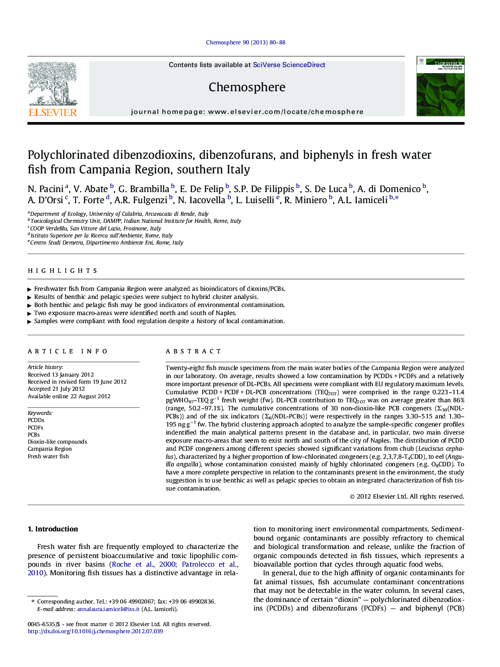 Polychlorinated dibenzodioxins, dibenzofurans, and biphenyls in fresh water fish from Campania Region, southern Italy