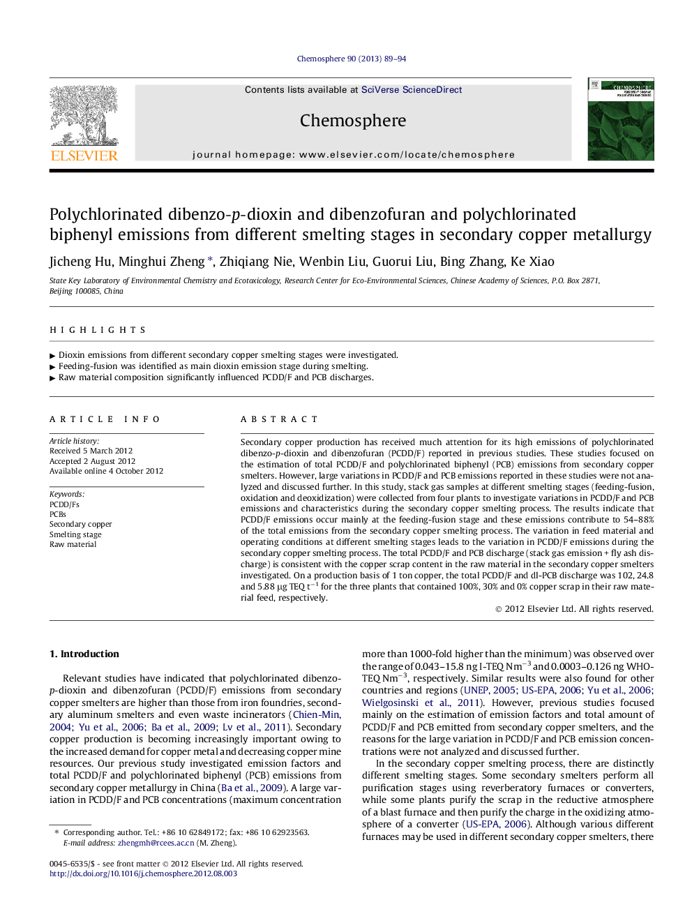 Polychlorinated dibenzo-p-dioxin and dibenzofuran and polychlorinated biphenyl emissions from different smelting stages in secondary copper metallurgy