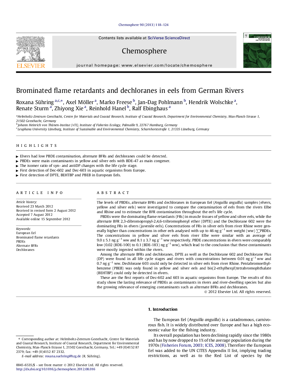 Brominated flame retardants and dechloranes in eels from German Rivers