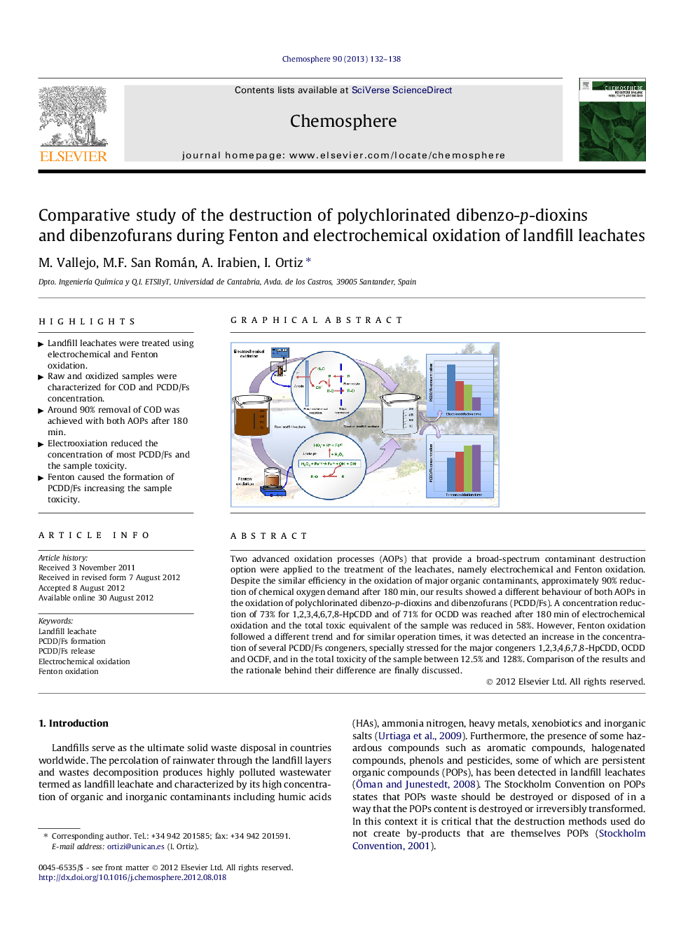 Comparative study of the destruction of polychlorinated dibenzo-p-dioxins and dibenzofurans during Fenton and electrochemical oxidation of landfill leachates