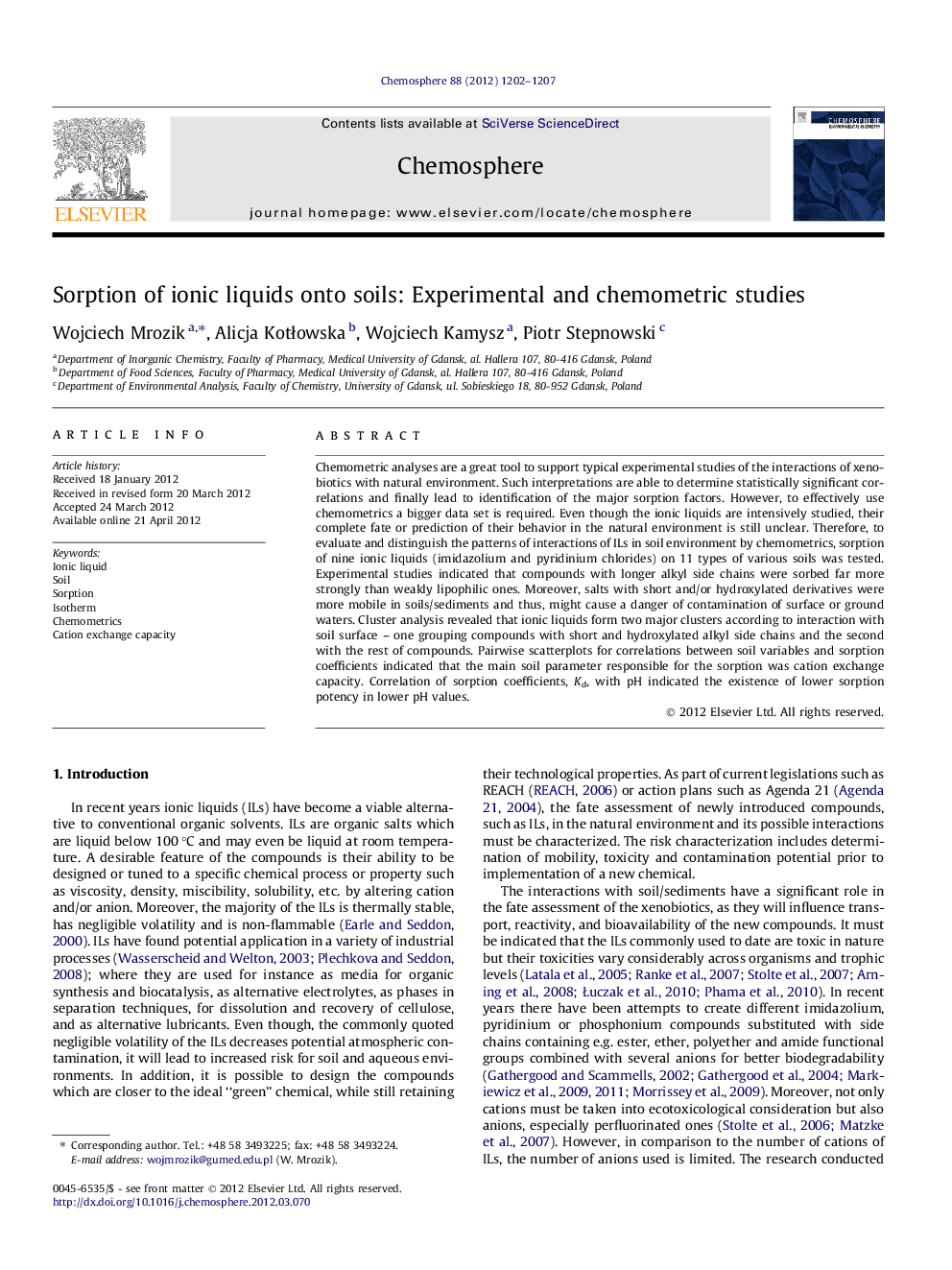 Sorption of ionic liquids onto soils: Experimental and chemometric studies