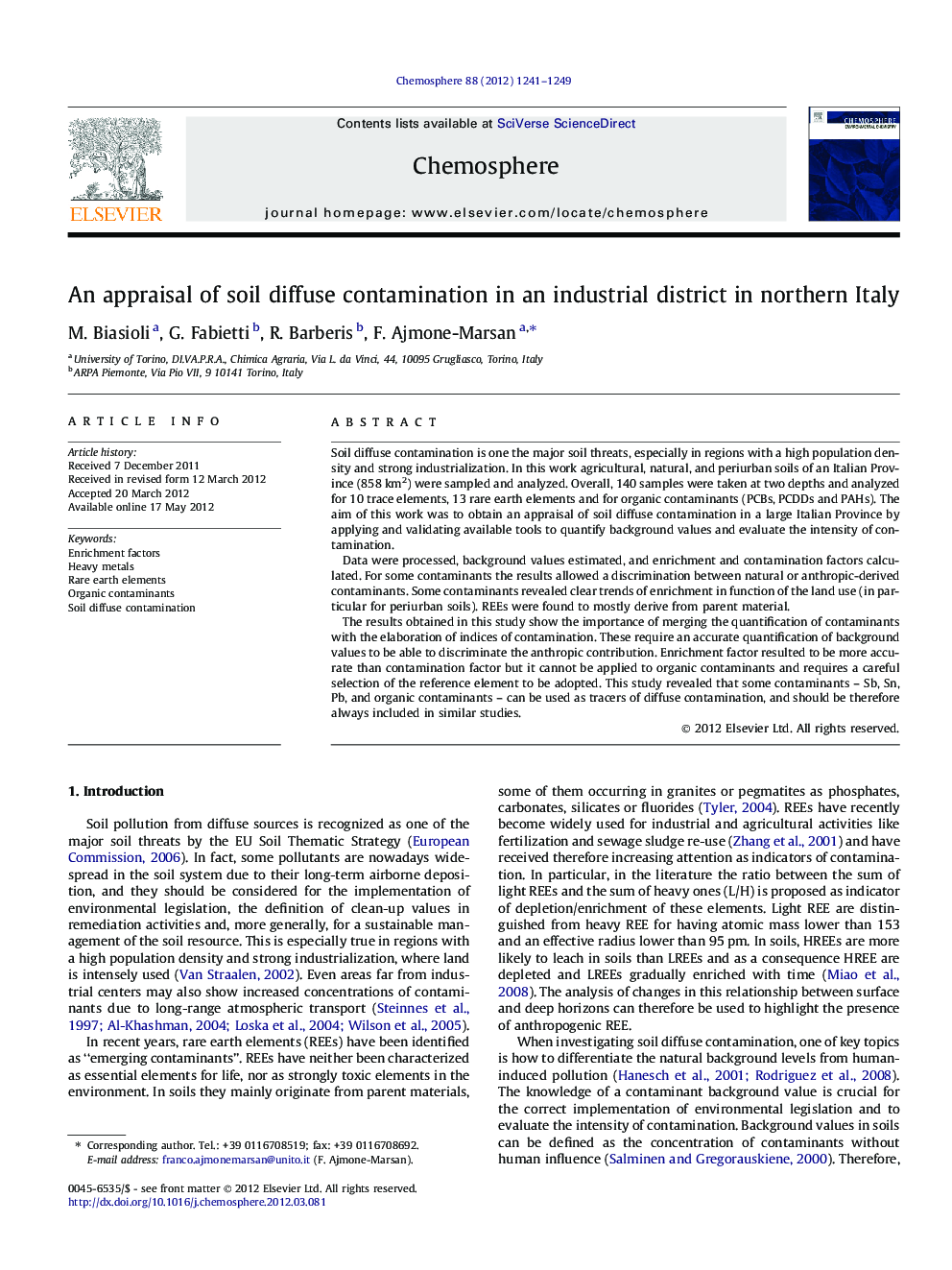 An appraisal of soil diffuse contamination in an industrial district in northern Italy