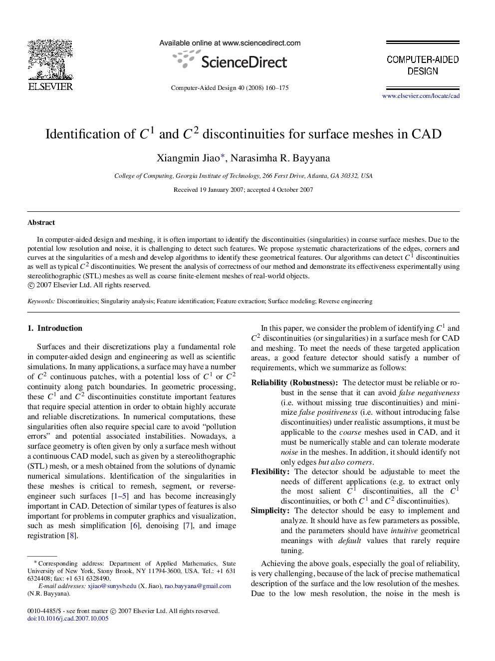 Identification of C1C1 and C2C2 discontinuities for surface meshes in CAD