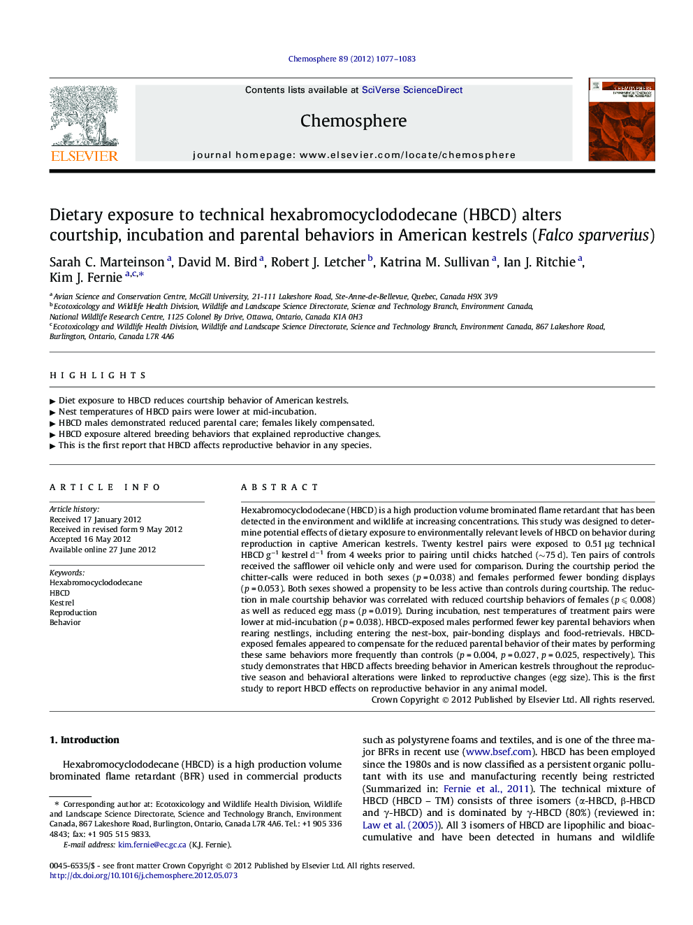 Dietary exposure to technical hexabromocyclododecane (HBCD) alters courtship, incubation and parental behaviors in American kestrels (Falco sparverius)