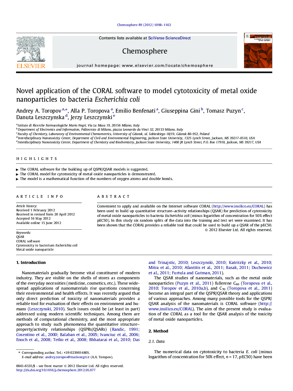 Novel application of the CORAL software to model cytotoxicity of metal oxide nanoparticles to bacteria Escherichia coli