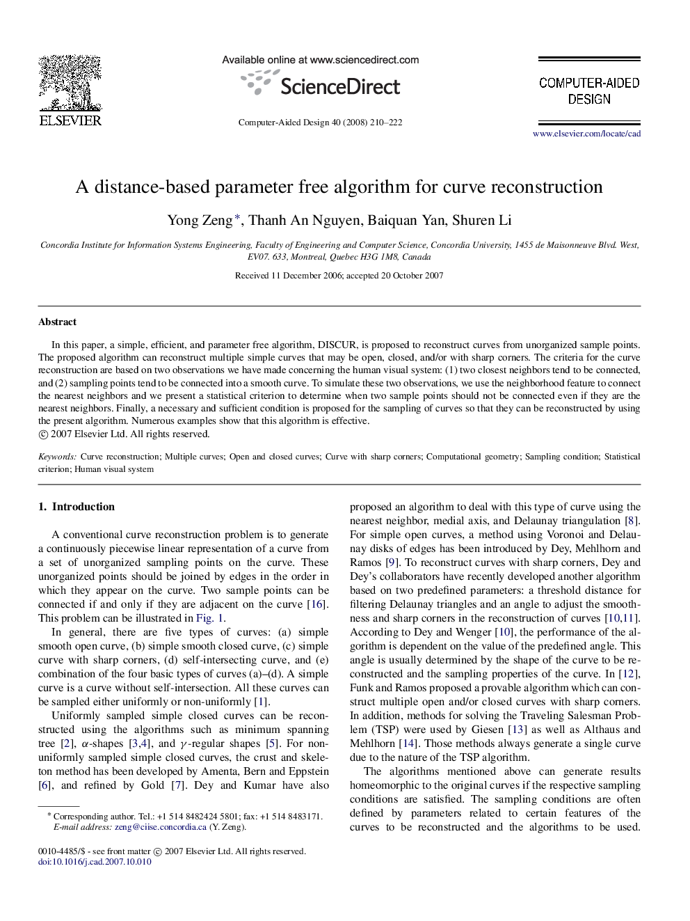 A distance-based parameter free algorithm for curve reconstruction