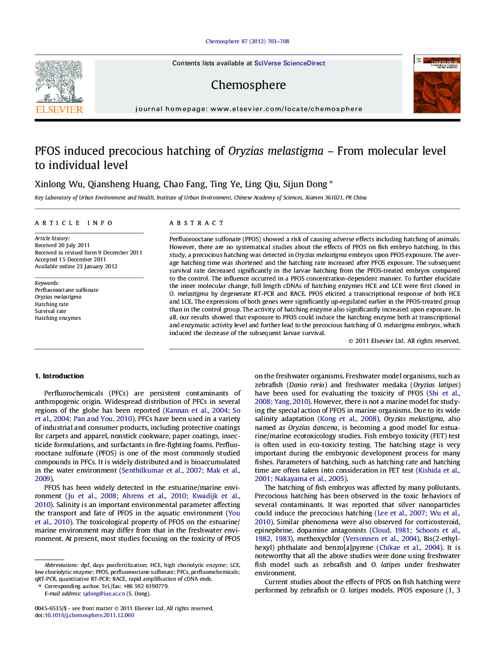 PFOS induced precocious hatching of Oryzias melastigma – From molecular level to individual level