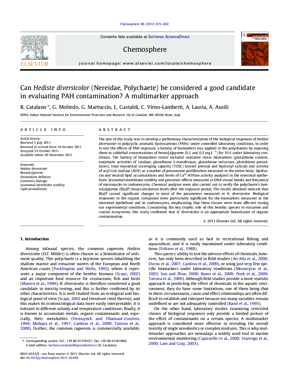 Can Hediste diversicolor (Nereidae, Polychaete) be considered a good candidate in evaluating PAH contamination? A multimarker approach