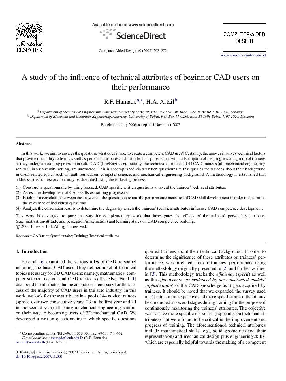 A study of the influence of technical attributes of beginner CAD users on their performance