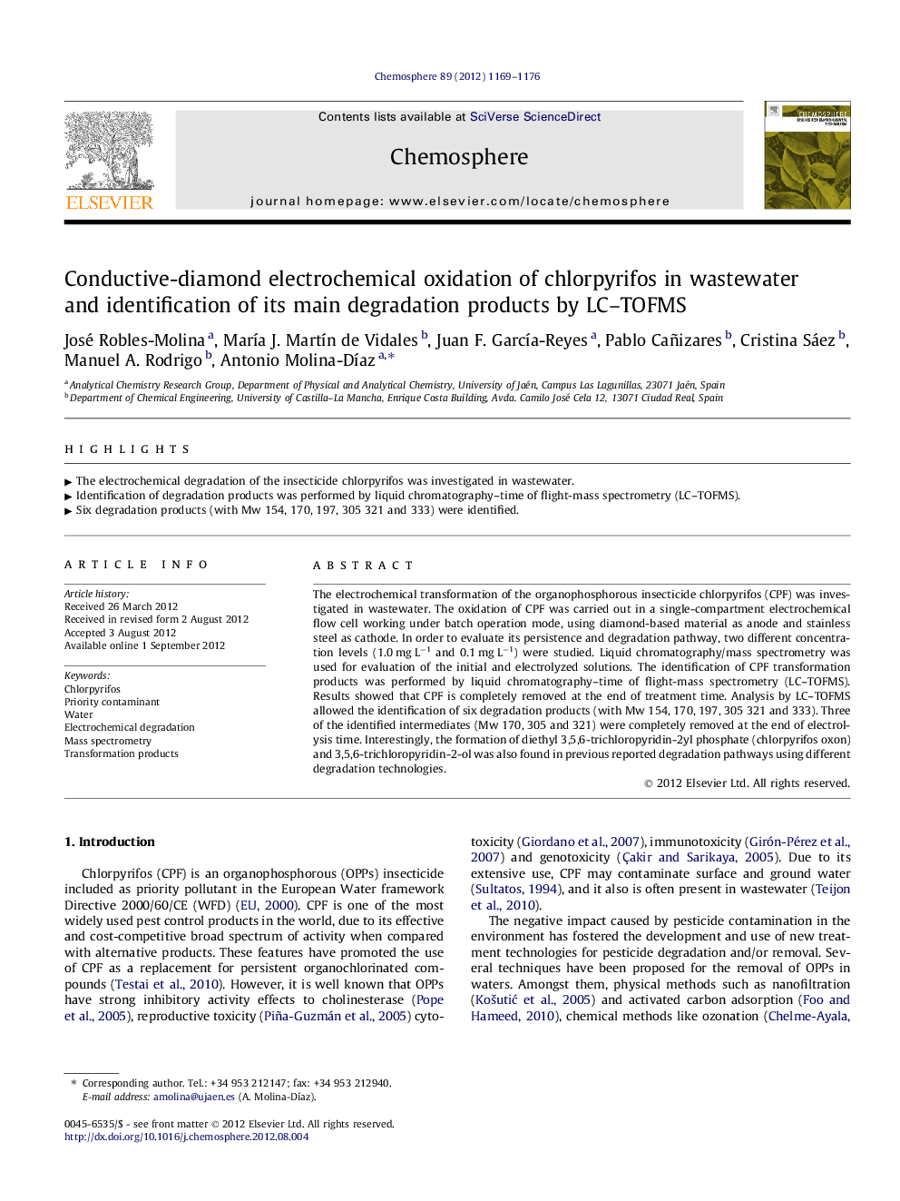 Conductive-diamond electrochemical oxidation of chlorpyrifos in wastewater and identification of its main degradation products by LC–TOFMS