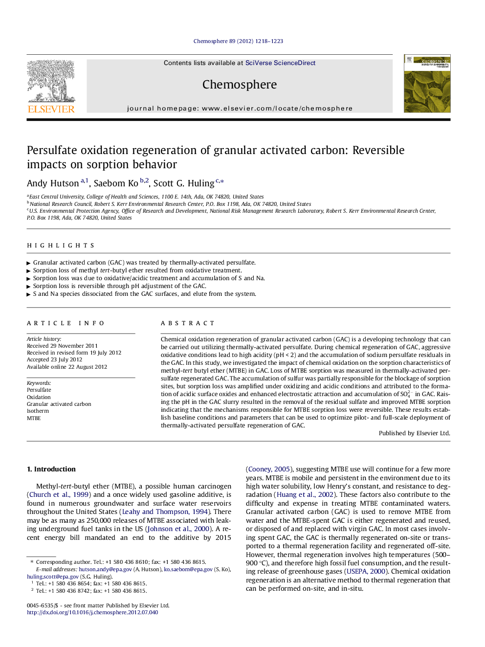 Persulfate oxidation regeneration of granular activated carbon: Reversible impacts on sorption behavior