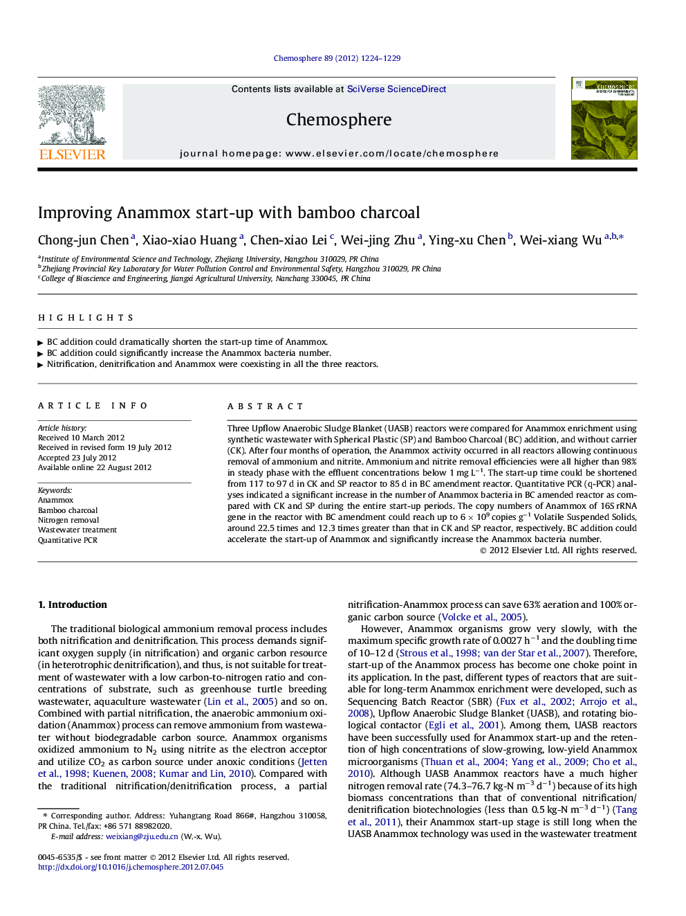 Improving Anammox start-up with bamboo charcoal