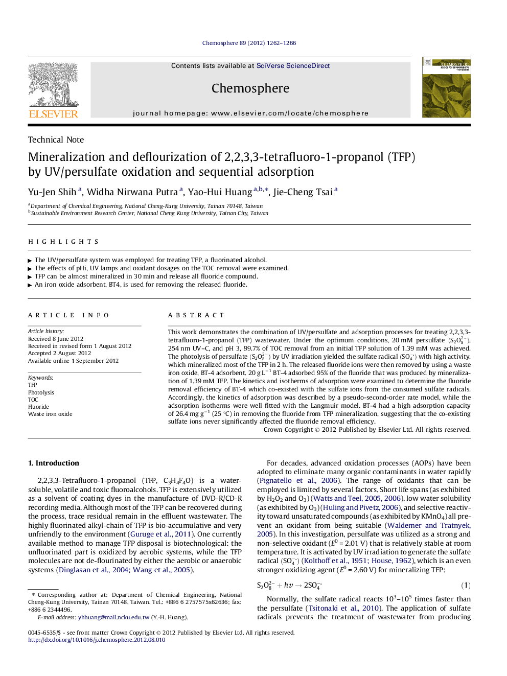 Mineralization and deflourization of 2,2,3,3-tetrafluoro-1-propanol (TFP) by UV/persulfate oxidation and sequential adsorption