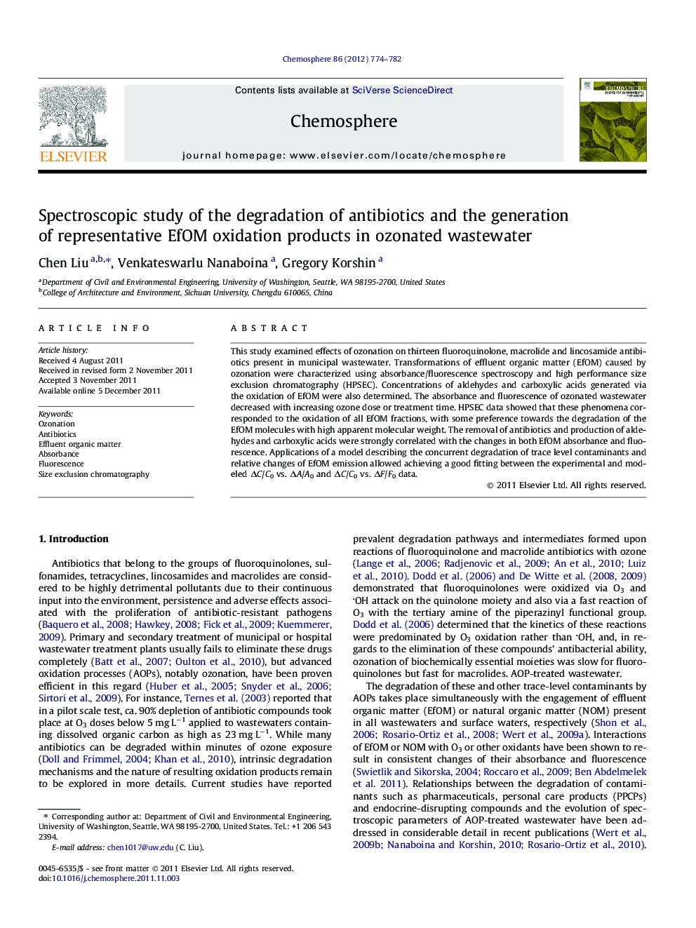 Spectroscopic study of the degradation of antibiotics and the generation of representative EfOM oxidation products in ozonated wastewater