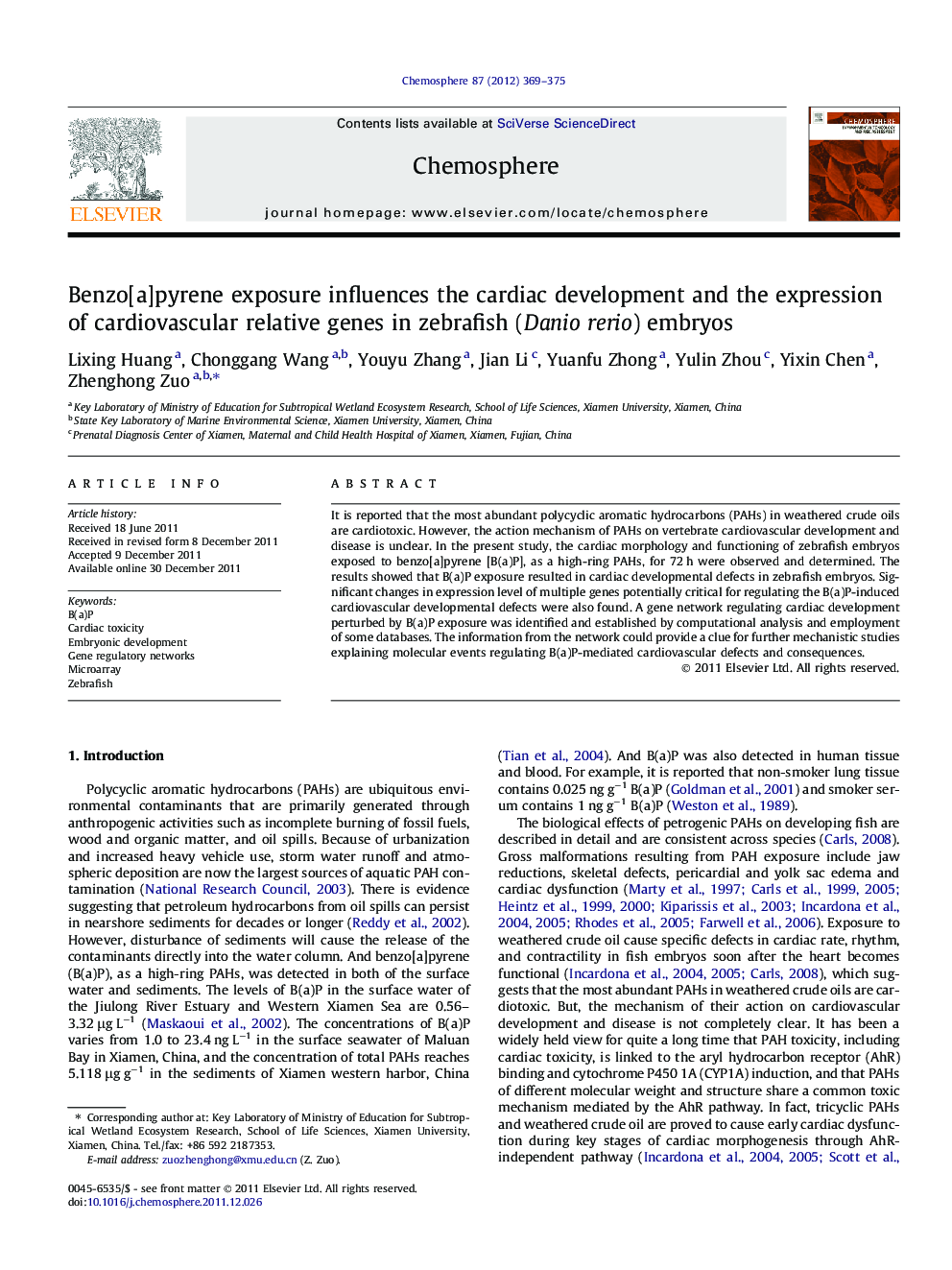 Benzo[a]pyrene exposure influences the cardiac development and the expression of cardiovascular relative genes in zebrafish (Daniorerio) embryos