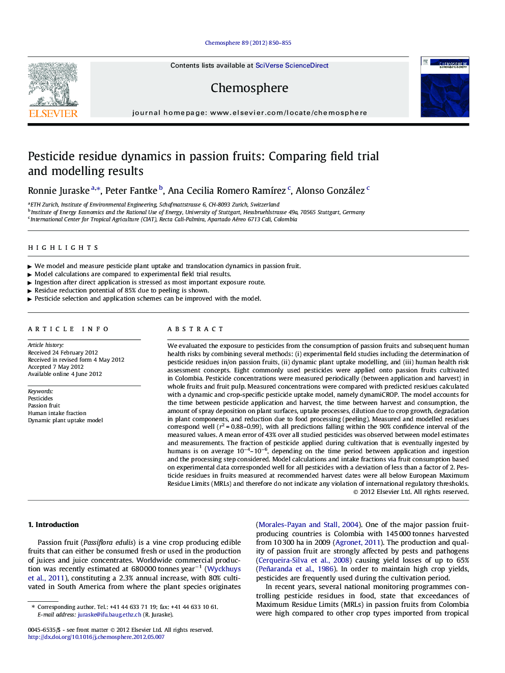 Pesticide residue dynamics in passion fruits: Comparing field trial and modelling results