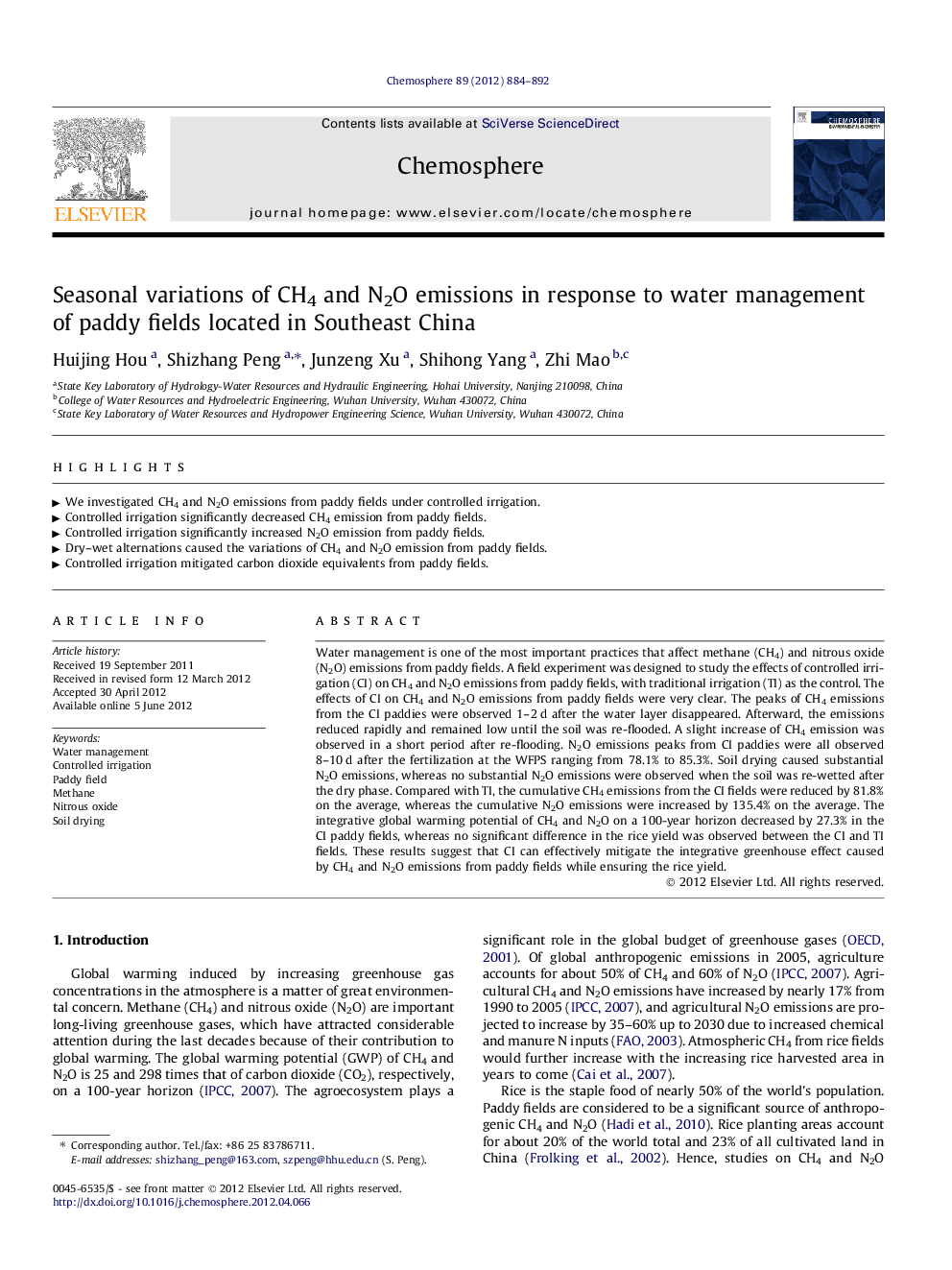 Seasonal variations of CH4 and N2O emissions in response to water management of paddy fields located in Southeast China