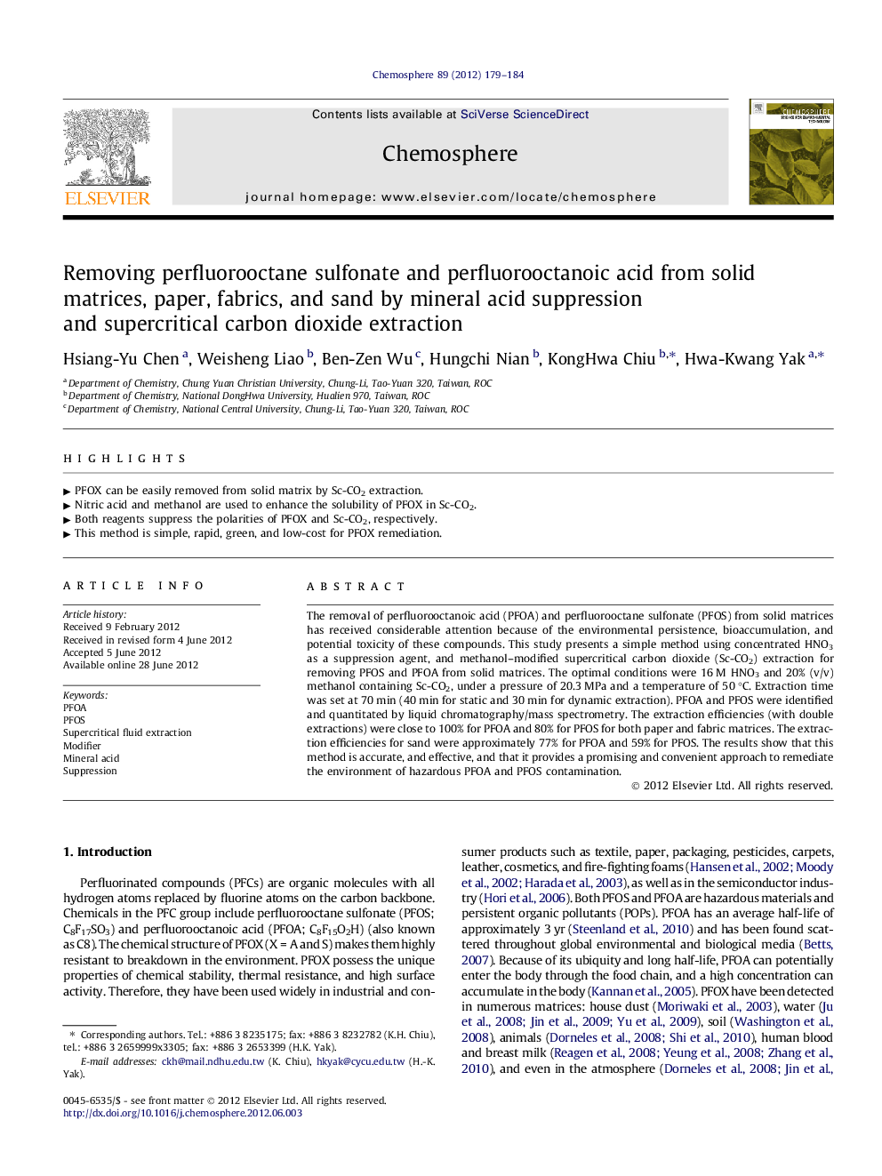 Removing perfluorooctane sulfonate and perfluorooctanoic acid from solid matrices, paper, fabrics, and sand by mineral acid suppression and supercritical carbon dioxide extraction