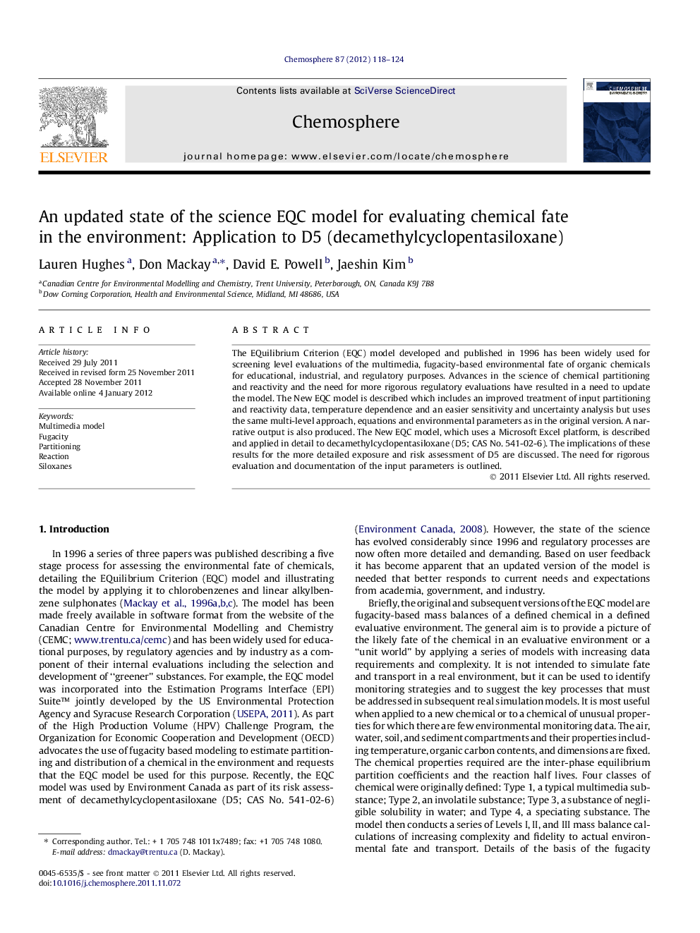 An updated state of the science EQC model for evaluating chemical fate in the environment: Application to D5 (decamethylcyclopentasiloxane)