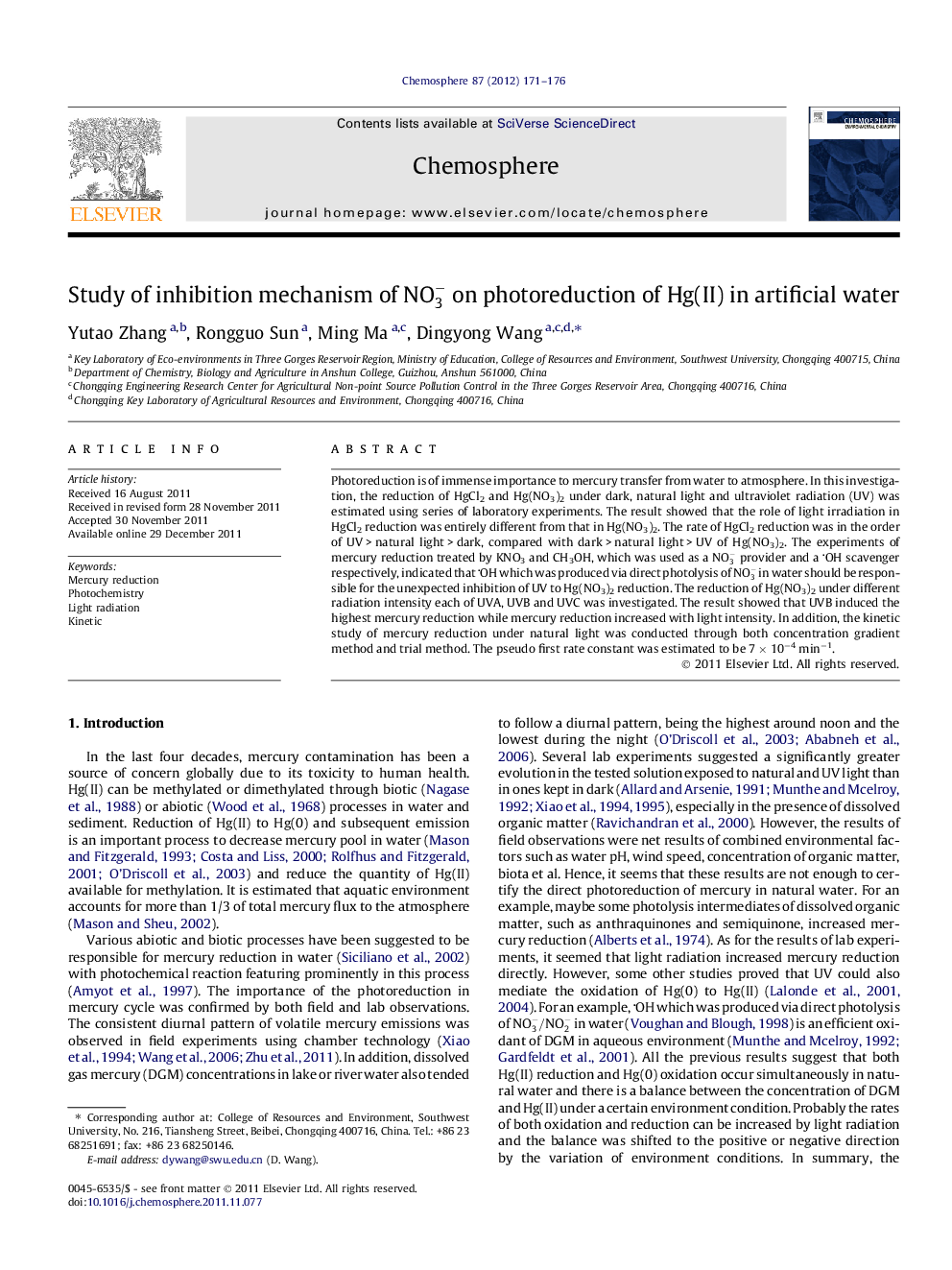 Study of inhibition mechanism of NO3- on photoreduction of Hg(II) in artificial water