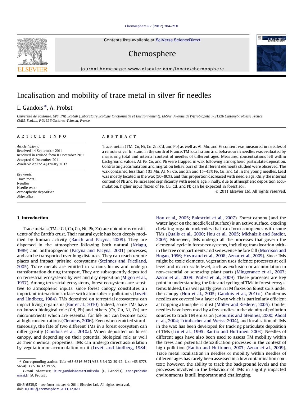 Localisation and mobility of trace metal in silver fir needles