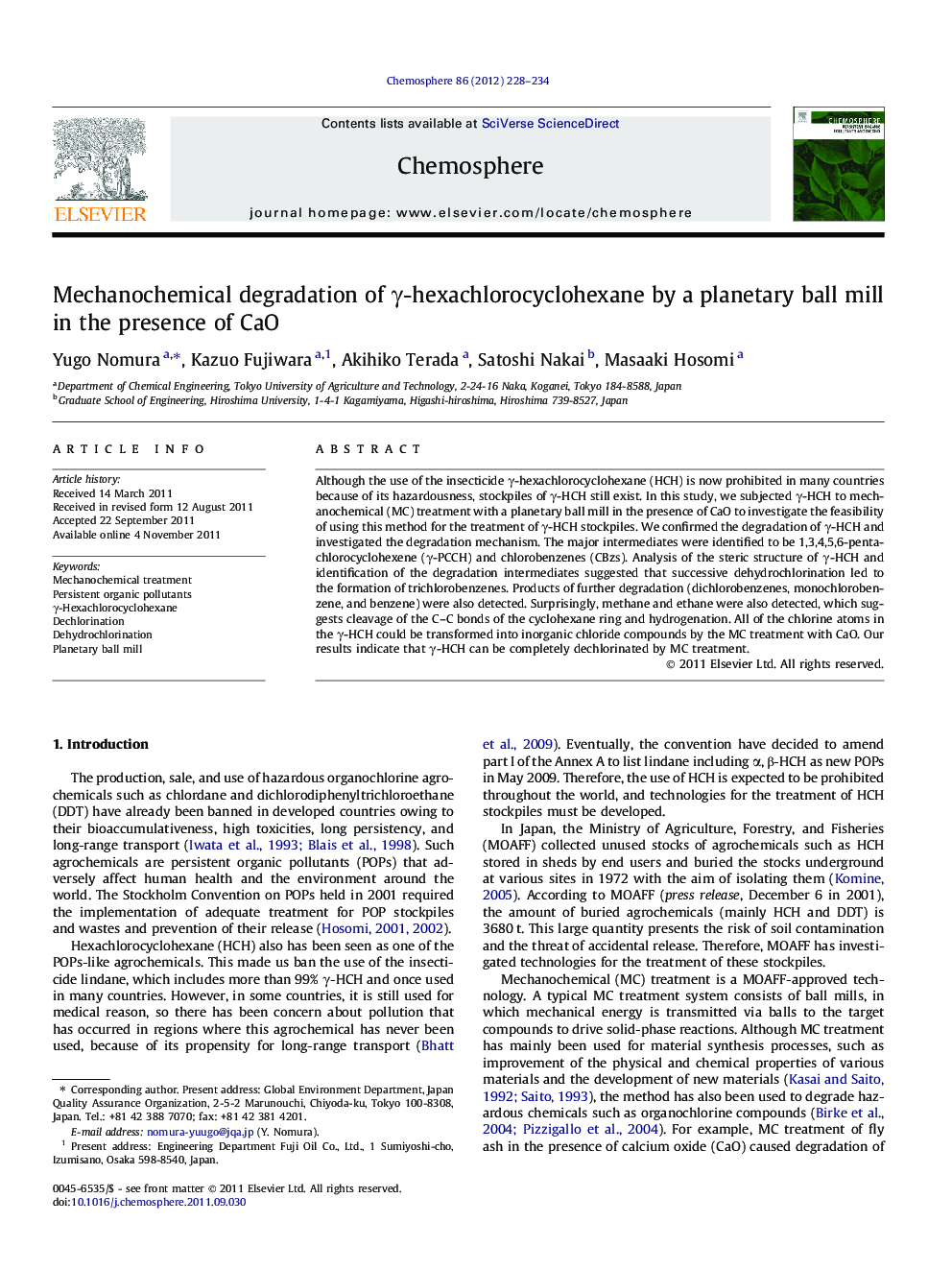 Mechanochemical degradation of γ-hexachlorocyclohexane by a planetary ball mill in the presence of CaO