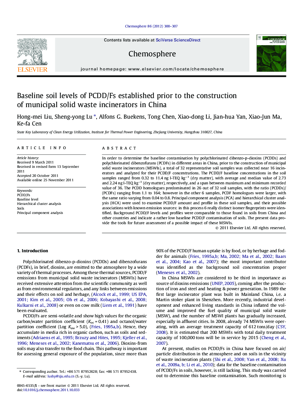 Baseline soil levels of PCDD/Fs established prior to the construction of municipal solid waste incinerators in China