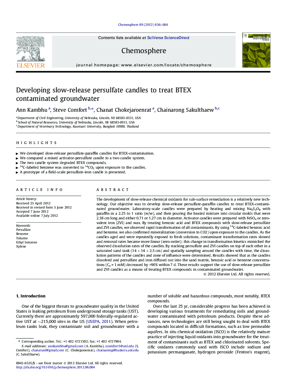 Developing slow-release persulfate candles to treat BTEX contaminated groundwater