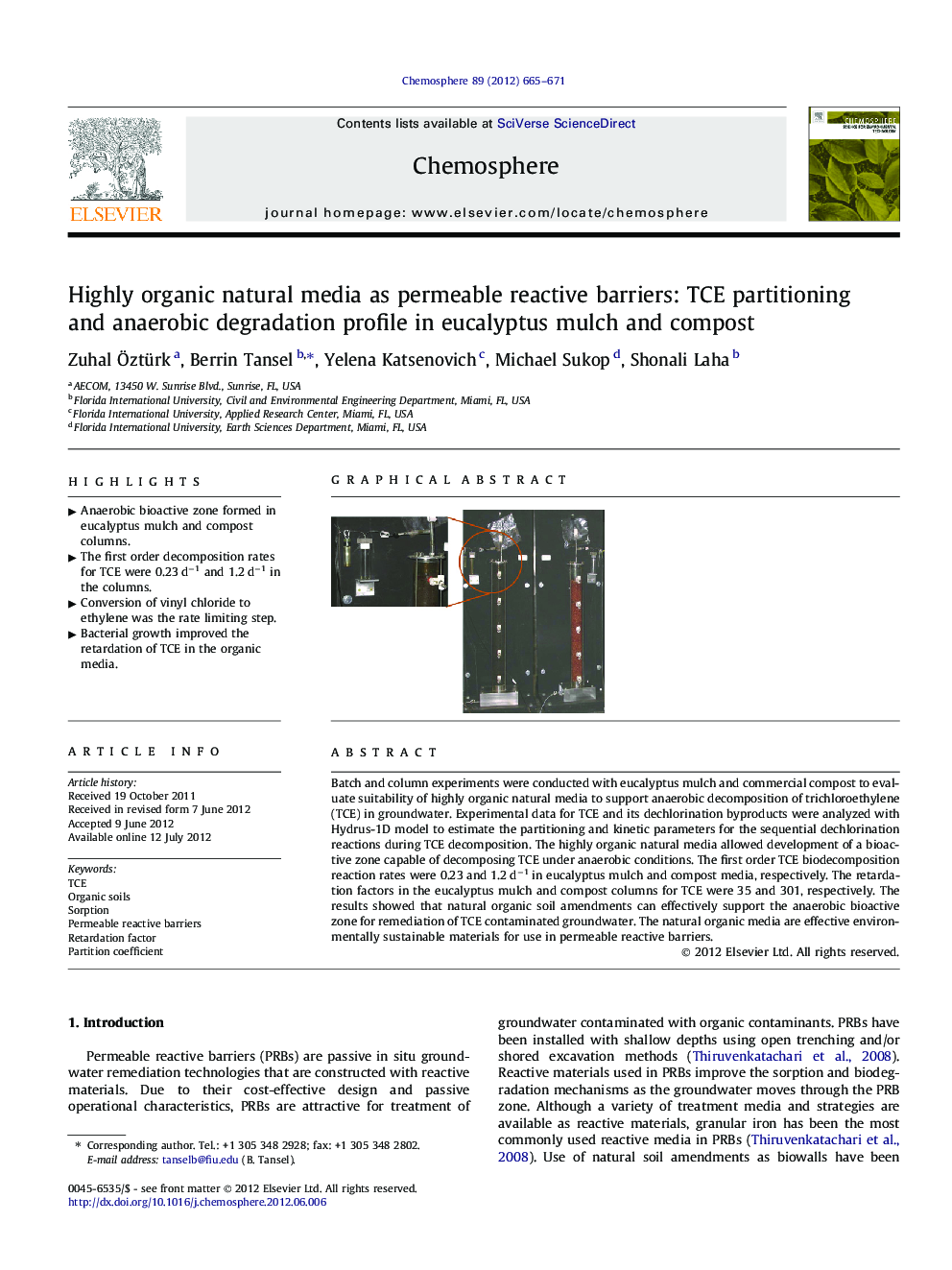 Highly organic natural media as permeable reactive barriers: TCE partitioning and anaerobic degradation profile in eucalyptus mulch and compost