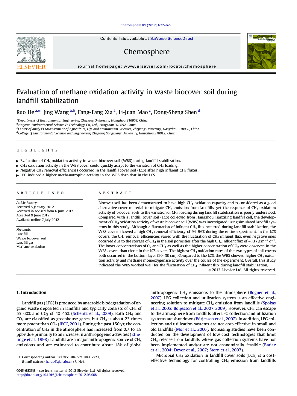 Evaluation of methane oxidation activity in waste biocover soil during landfill stabilization