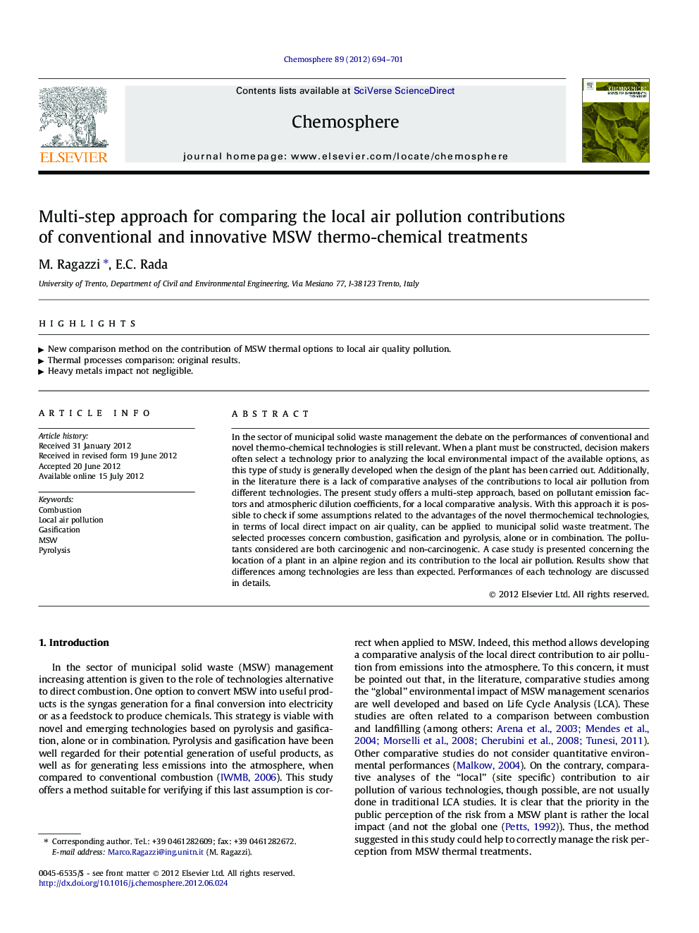 Multi-step approach for comparing the local air pollution contributions of conventional and innovative MSW thermo-chemical treatments