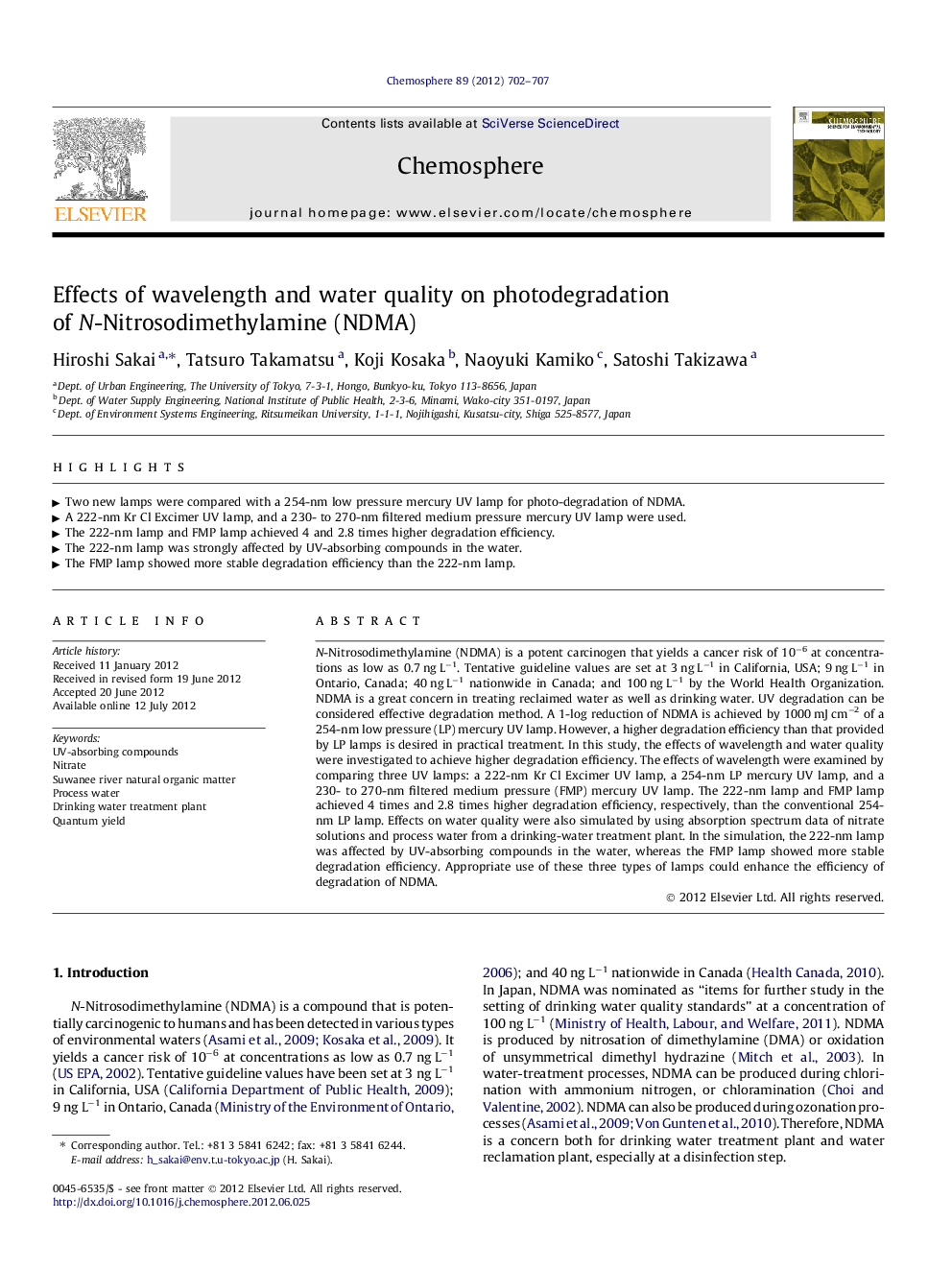 Effects of wavelength and water quality on photodegradation of N-Nitrosodimethylamine (NDMA)