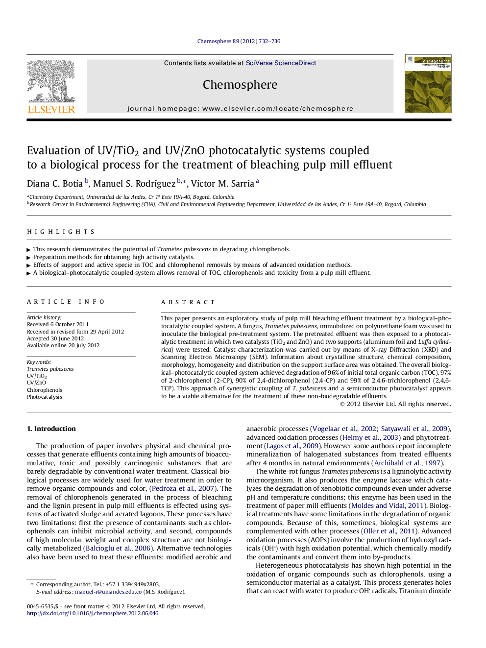 Evaluation of UV/TiO2 and UV/ZnO photocatalytic systems coupled to a biological process for the treatment of bleaching pulp mill effluent