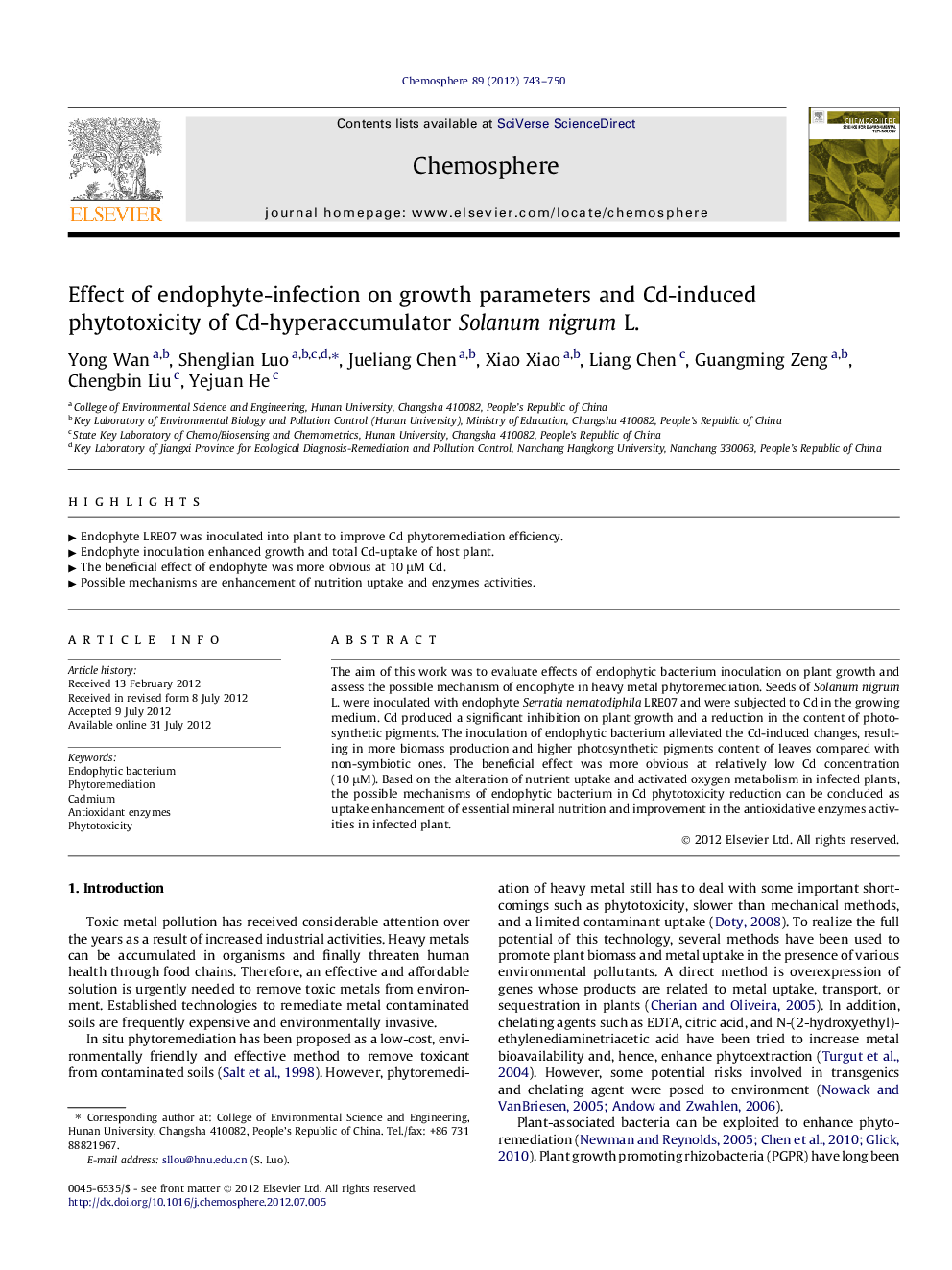 Effect of endophyte-infection on growth parameters and Cd-induced phytotoxicity of Cd-hyperaccumulator Solanum nigrum L.