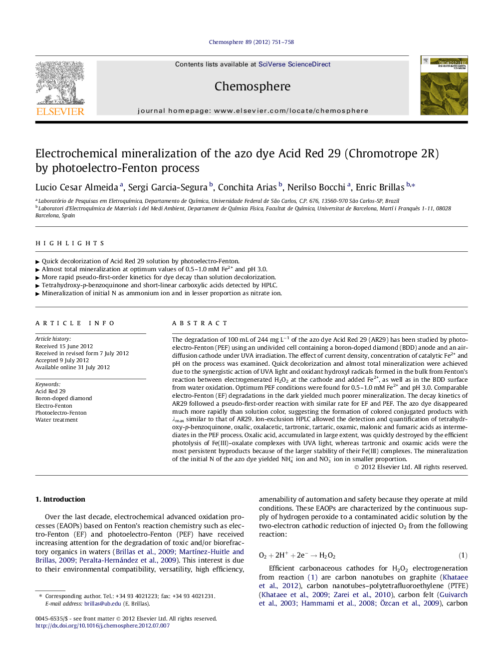 Electrochemical mineralization of the azo dye Acid Red 29 (Chromotrope 2R) by photoelectro-Fenton process