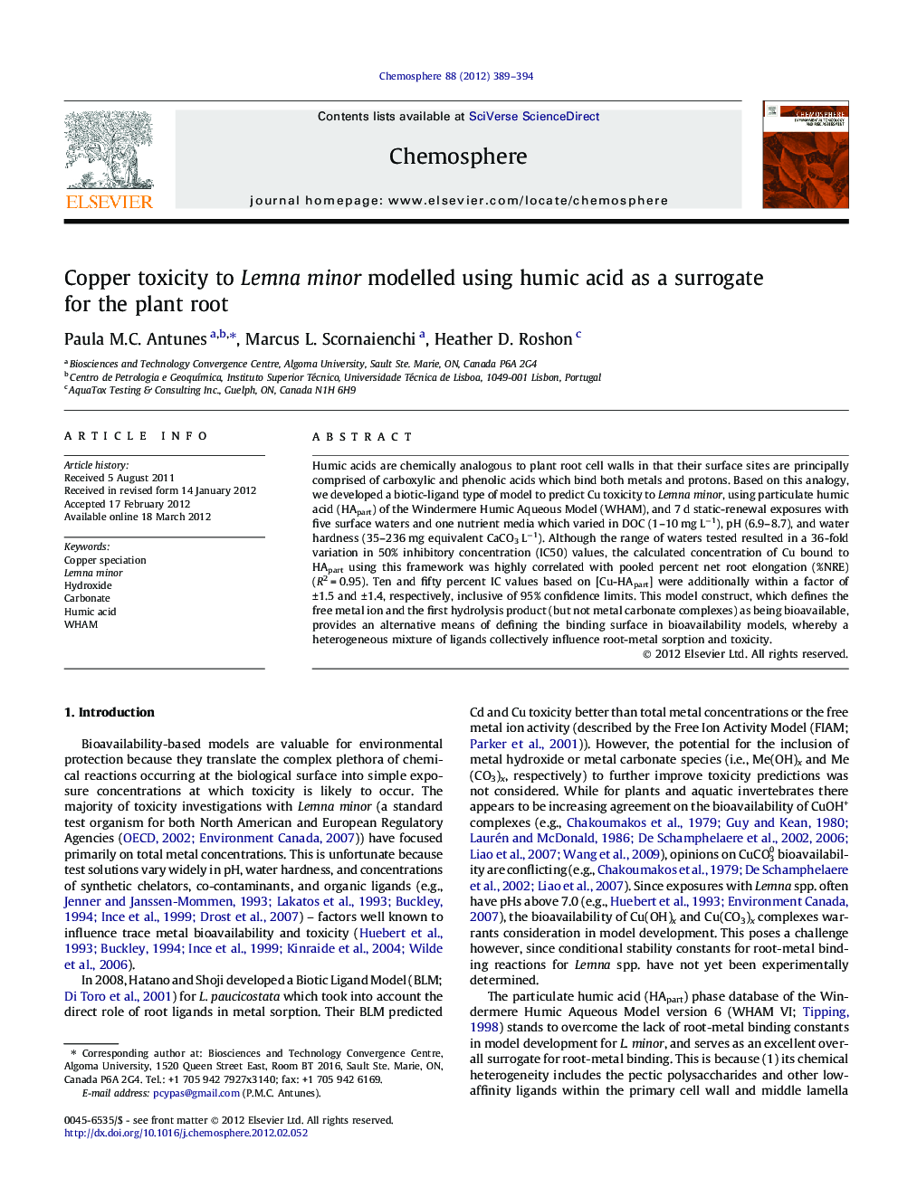 Copper toxicity to Lemna minor modelled using humic acid as a surrogate for the plant root