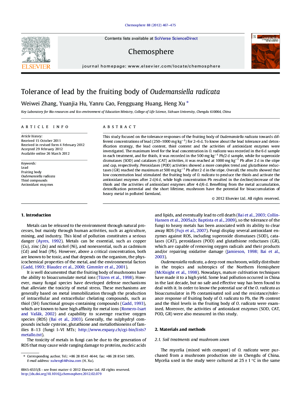 Tolerance of lead by the fruiting body of Oudemansiella radicata