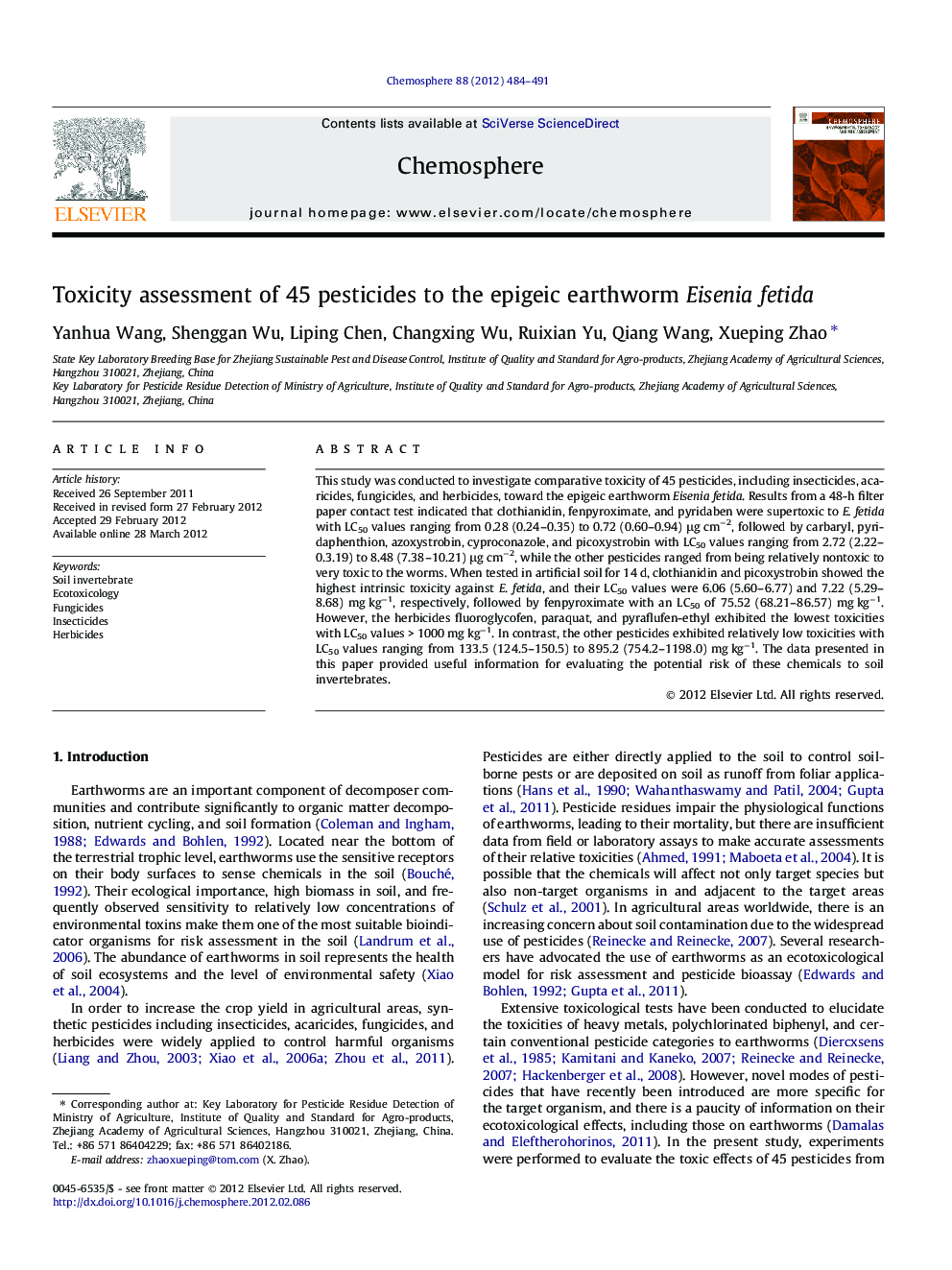 Toxicity assessment of 45 pesticides to the epigeic earthworm Eisenia fetida