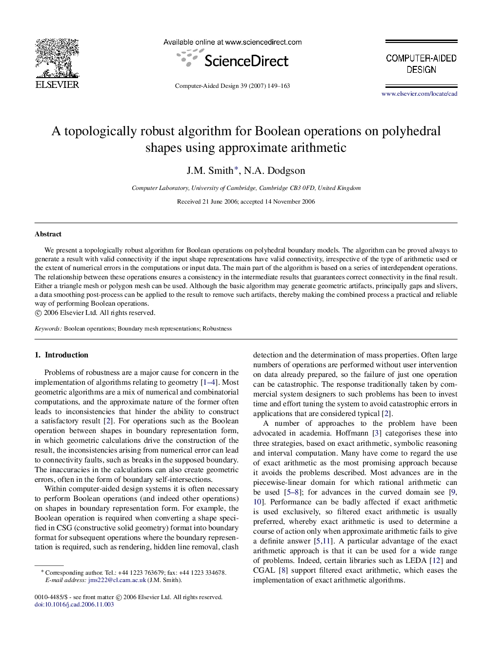 A topologically robust algorithm for Boolean operations on polyhedral shapes using approximate arithmetic