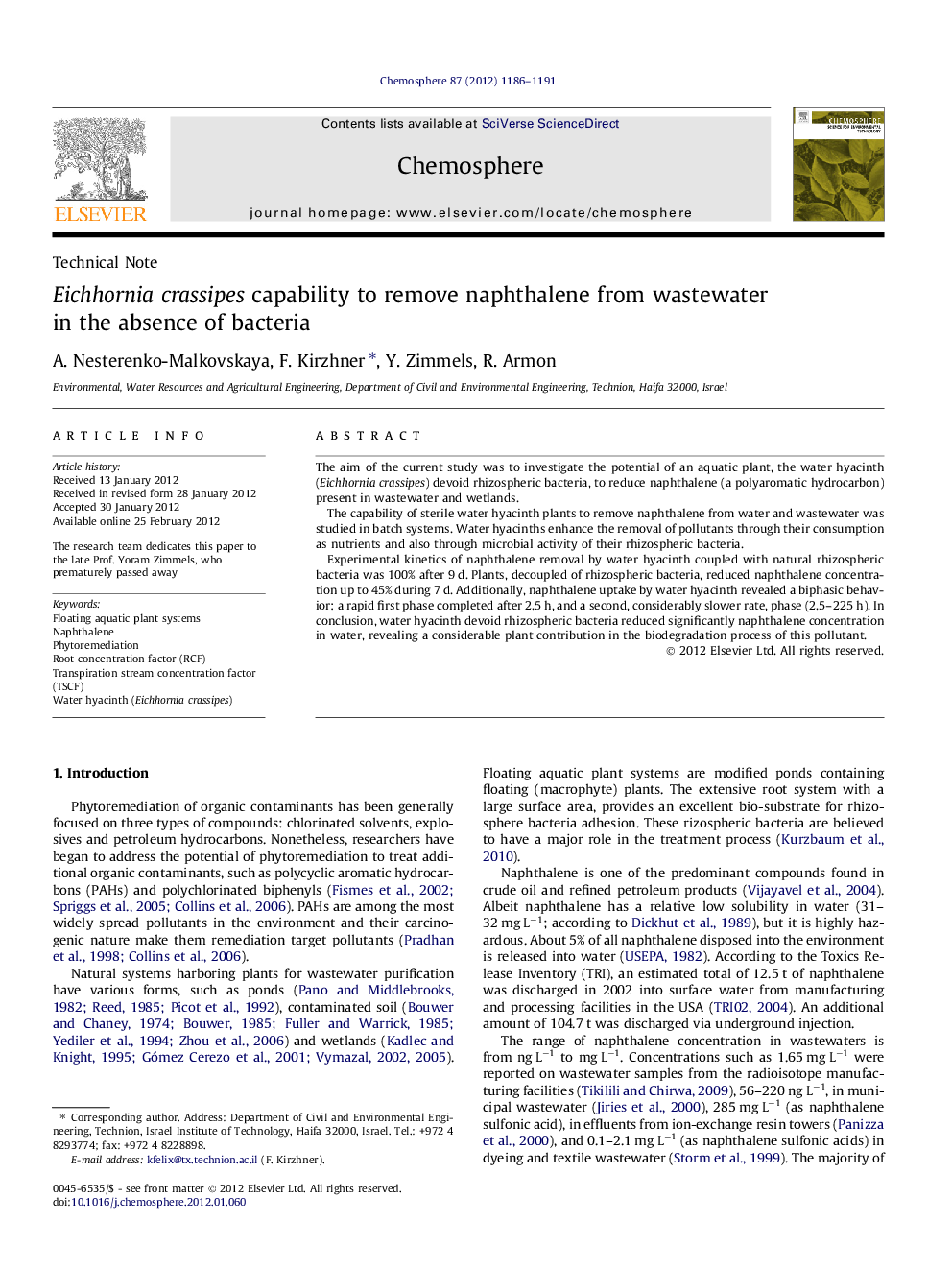 Eichhornia crassipes capability to remove naphthalene from wastewater in the absence of bacteria