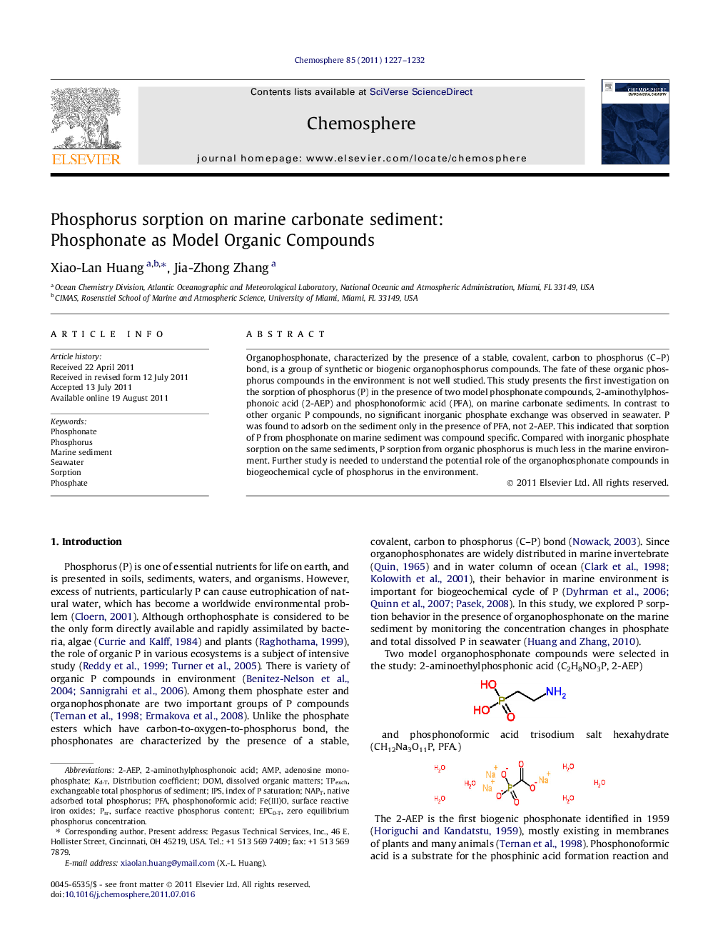 Phosphorus sorption on marine carbonate sediment: Phosphonate as Model Organic Compounds