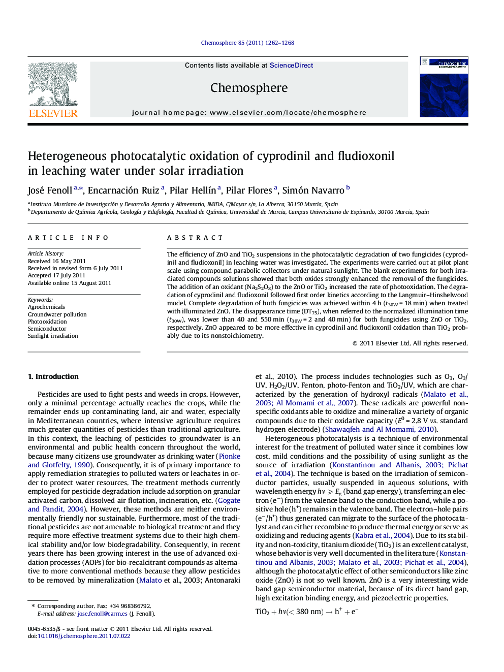 Heterogeneous photocatalytic oxidation of cyprodinil and fludioxonil in leaching water under solar irradiation